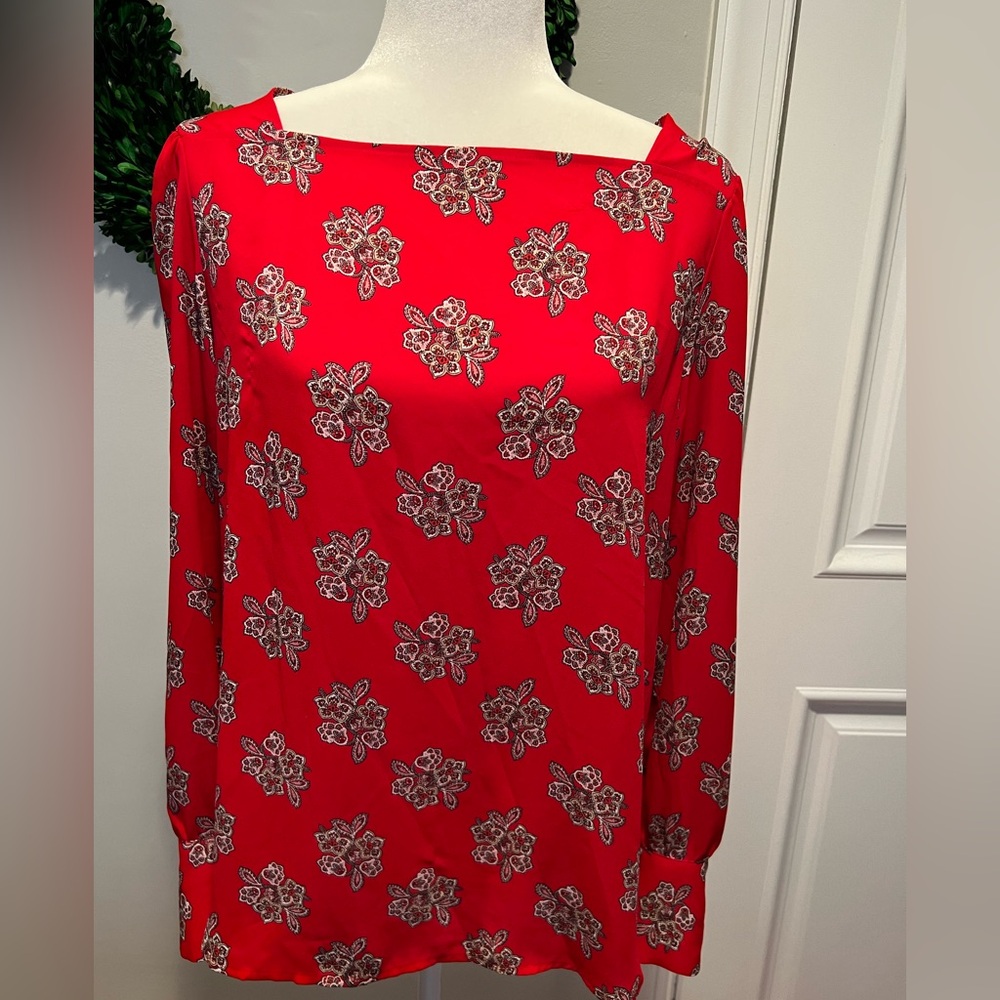 Loft Red Floral Long Sleeve Blouse size Medium EUC